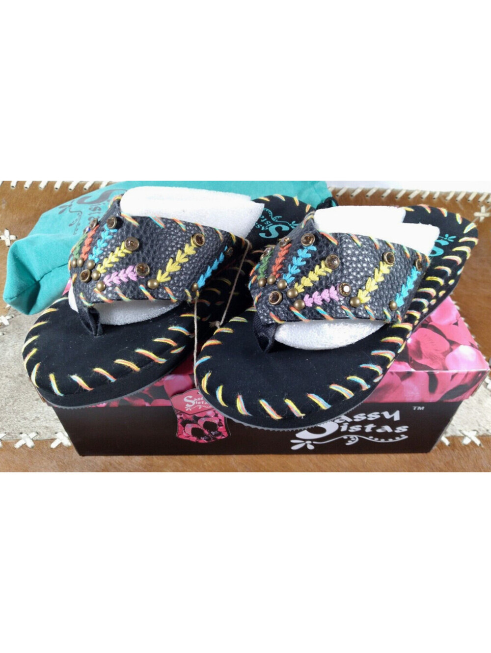 Sassy Sistas Sandals Flip Flops Wedge Embroidered Southwest Colorful Feathers 6